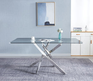 English Elm Rectangular Tempered Glass Dining Table Seats Six with Chrome Nest Base Modern Style W1241S00105