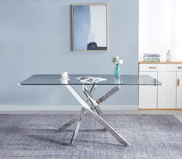 English Elm Rectangular Tempered Glass Dining Table Seats Six with Chrome Nest Base Modern Style W1241S00105