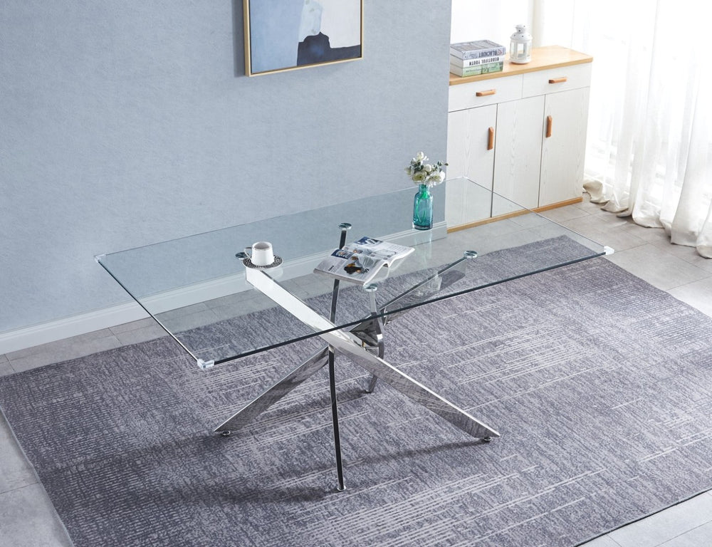 English Elm Rectangular Tempered Glass Dining Table Seats Six with Chrome Nest Base Modern Style W1241S00105