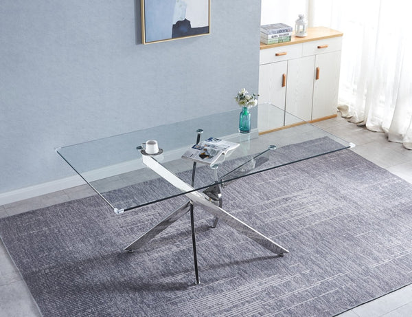 English Elm Rectangular Tempered Glass Dining Table Seats Six with Chrome Nest Base Modern Style W1241S00105