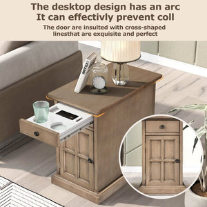 English Elm U-can Antique Brown Wood End Table with Usb Charging Drawer and Built-in Cup Holders N724P185778D