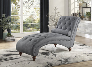 English Elm Modern Bonne Tufted Chaise with Nailhead Trim and Rolled Bolster Pillow, Espresso Turned Legs, Plush Comfort Gray 53 L x 21.75 W x 31 H B01165809