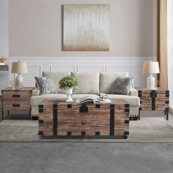 English Elm Antique Gray Reclaimed Wood Trunk Table Set of Three with Interior Storage W142562436