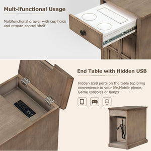 English Elm U-can Antique Brown Wood End Table with Usb Charging Drawer and Built-in Cup Holders N724P185778D