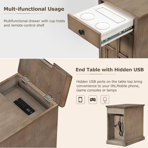English Elm U-can Antique Brown Wood End Table with Usb Charging Drawer and Built-in Cup Holders N724P185778D