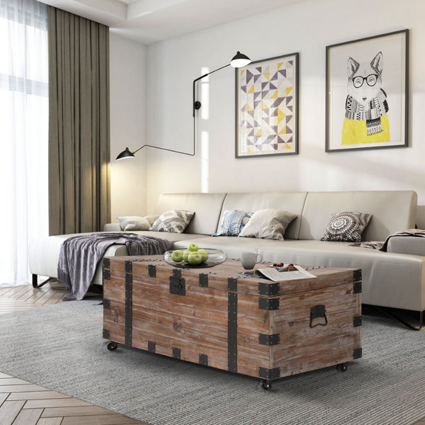 English Elm Antique Gray Reclaimed Wood Trunk Table Set of Three with Interior Storage W142562436