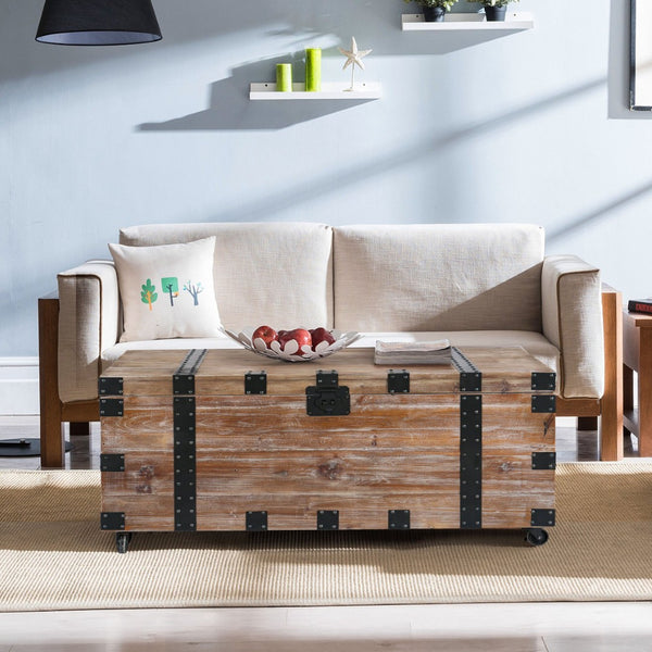 English Elm Antique Gray Reclaimed Wood Trunk Table Set of Three with Interior Storage W142562436