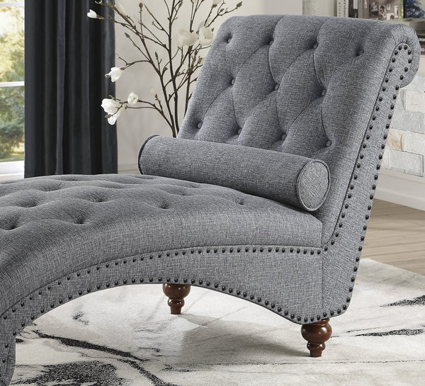 English Elm Modern Bonne Tufted Chaise with Nailhead Trim and Rolled Bolster Pillow, Espresso Turned Legs, Plush Comfort Gray 53 L x 21.75 W x 31 H B01165809