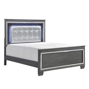 English Elm Glamourous Allura Queen Bed with LED Touch Backlight, Gray Tufted Faux Leather Headboard, Mirror Accents B011S00229