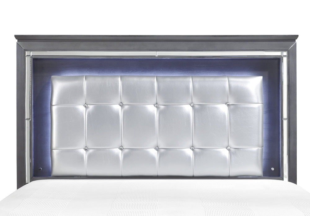 English Elm Glamourous Allura Queen Bed with LED Touch Backlight, Gray Tufted Faux Leather Headboard, Mirror Accents B011S00229