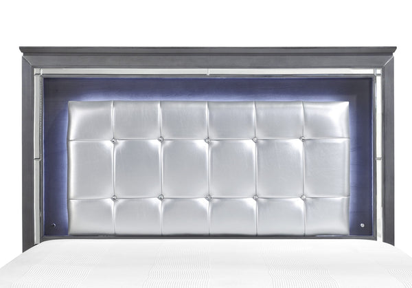 English Elm Glamourous Allura Queen Bed with LED Touch Backlight, Gray Tufted Faux Leather Headboard, Mirror Accents B011S00229