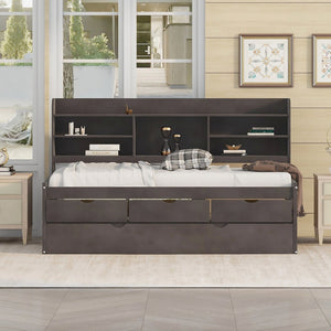 English Elm Twin Wooden Captain Bed with Bookcase Headboard, Three Drawers and Trundle for Space-Saving Rooms Antique brown GX001015AAA