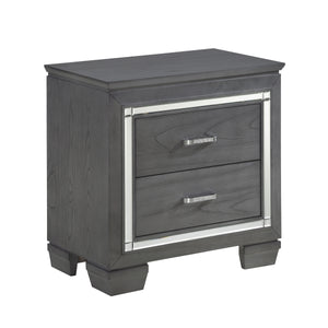 English Elm Glamourous Style 1 Piece Nightstand Of 2X Drawers Led Lighting Faux Crystals Bar Pulls Gray Finish Modern Bedroom Furniture