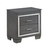 Modern Gray Nightstand with LED Lighting, 2 Drawers, Faux Crystals - Glamorous Style