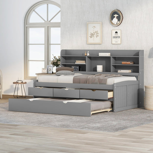 English Elm Twin Wooden Captain Bed with Bookcase Headboard, Three Drawers and Trundle for Space-Saving Rooms Grey GX001015AAE