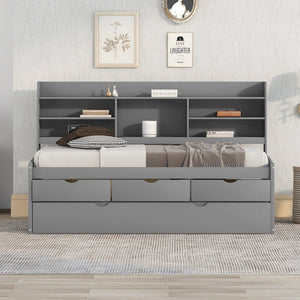 English Elm Twin Wooden Captain Bed with Bookcase Headboard, Three Drawers and Trundle for Space-Saving Rooms Grey GX001015AAE