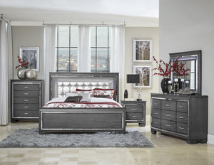 English Elm Glamourous Allura Queen Bed with LED Touch Backlight, Gray Tufted Faux Leather Headboard, Mirror Accents B011S00229