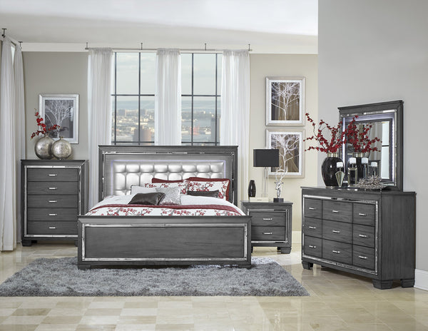 English Elm Glamourous Allura Queen Bed with LED Touch Backlight, Gray Tufted Faux Leather Headboard, Mirror Accents B011S00229