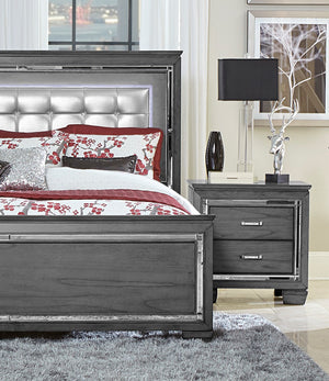 English Elm Glamourous Mirrored Nightstand with LED Underlight, 2 Crystal-Accent Drawers, Gray Modern Glam Design B01165897