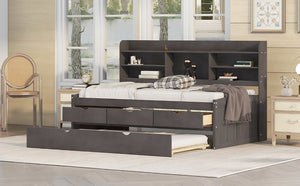 English Elm Twin Wooden Captain Bed with Bookcase Headboard, Three Drawers and Trundle for Space-Saving Rooms Antique brown GX001015AAA