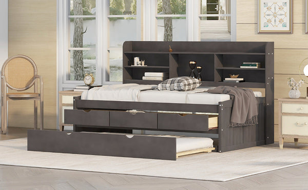 English Elm Twin Wooden Captain Bed with Bookcase Headboard, Three Drawers and Trundle for Space-Saving Rooms Antique brown GX001015AAA