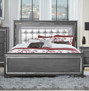 English Elm Glamourous Allura Queen Bed with LED Touch Backlight, Gray Tufted Faux Leather Headboard, Mirror Accents B011S00229