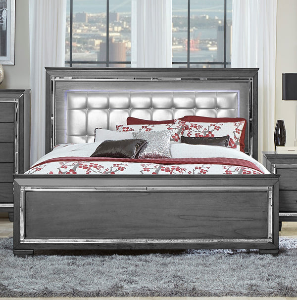 English Elm Glamourous Allura Queen Bed with LED Touch Backlight, Gray Tufted Faux Leather Headboard, Mirror Accents B011S00229
