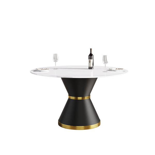 English Elm 53.15"Modern round sintered stone dining table with black carbon steel pedestal base, seats 6 comfortably W1535S00490
