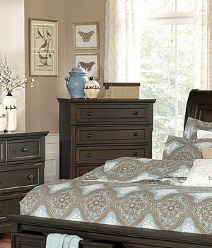 English Elm Traditional Five Drawer Chest Grayish Brown Birch Veneer with Bun Feet Bedroom Storage B01166128