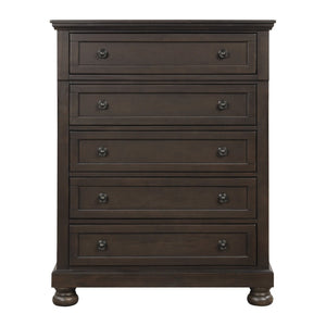 English Elm Traditional Five Drawer Chest Grayish Brown Birch Veneer with Bun Feet Bedroom Storage B01166128