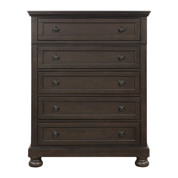 English Elm Traditional Five Drawer Chest Grayish Brown Birch Veneer with Bun Feet Bedroom Storage B01166128