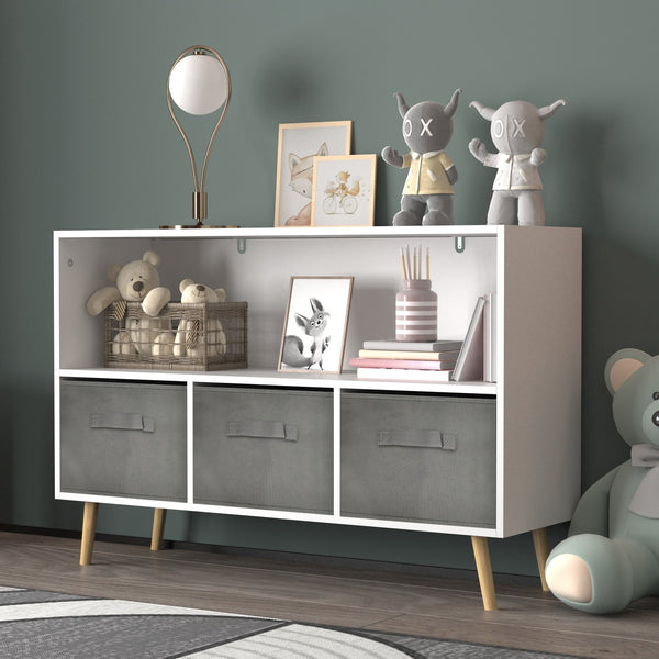 English Elm Kids Bookcase with Collapsible Fabric Drawers, White Gray MDF & Pine Legs, Display Shelves Toy Storage Organizer W80842426