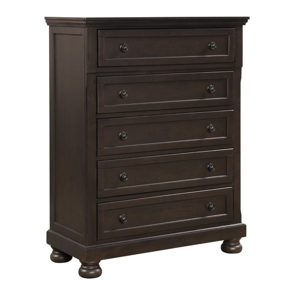 English Elm Traditional Five Drawer Chest Grayish Brown Birch Veneer with Bun Feet Bedroom Storage B01166128