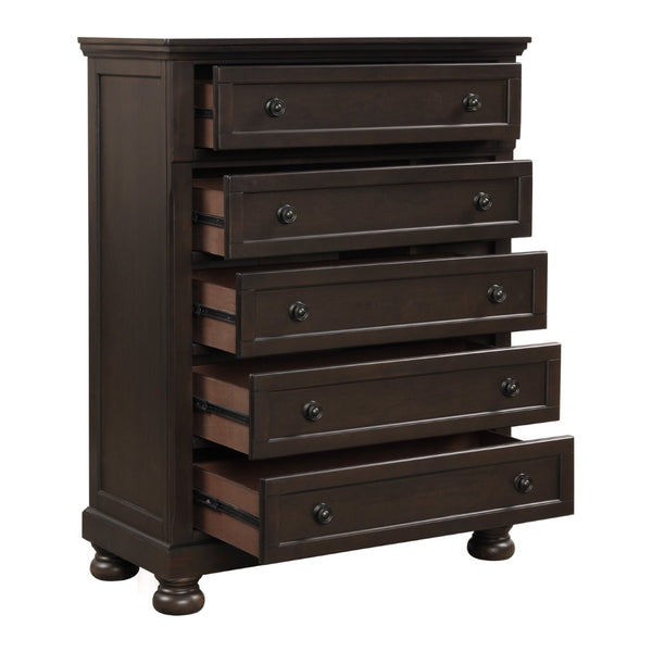 English Elm Traditional Five Drawer Chest Grayish Brown Birch Veneer with Bun Feet Bedroom Storage B01166128