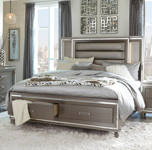 English Elm Modern Queen Platform Bed with Led Headboard Footboard Storage Metallic Glam Finish B011S00233