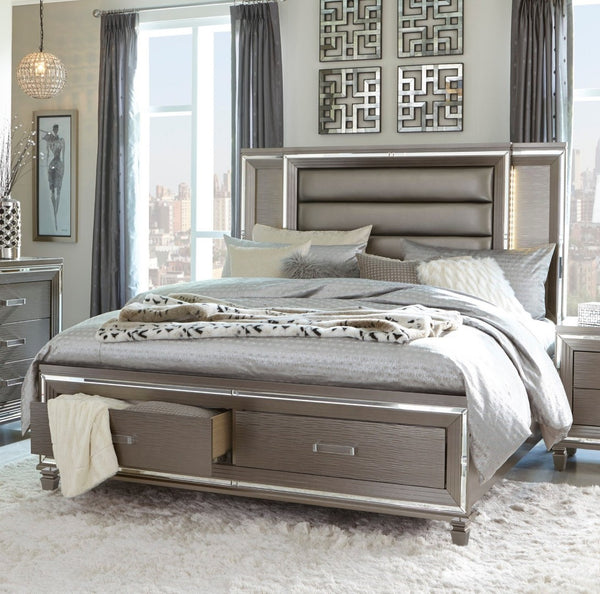 English Elm Modern Queen Platform Bed with Led Headboard Footboard Storage Metallic Glam Finish B011S00233