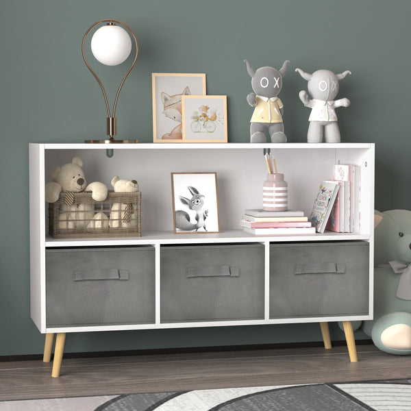 English Elm Kids Bookcase with Collapsible Fabric Drawers, White Gray MDF & Pine Legs, Display Shelves Toy Storage Organizer W80842426