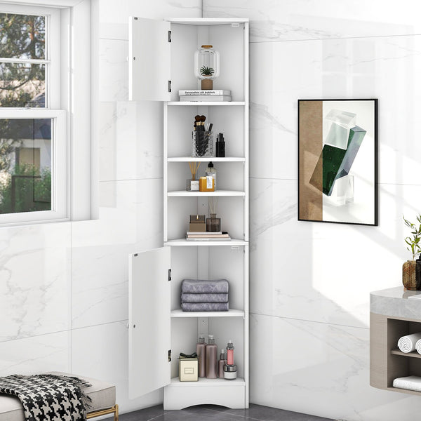 English Elm Multi-Functional Corner Cabinet Tall Trapezoid Bathroom Storage with Adjustable Shelves, Doors, Anti-Dump Device White WF530911AAK