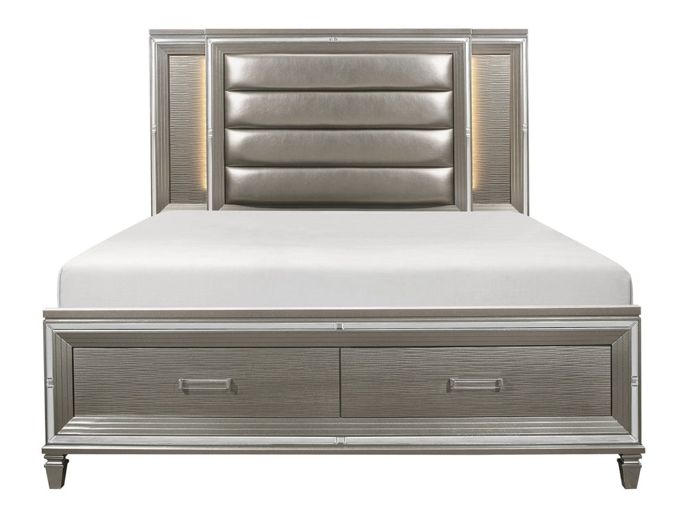 English Elm Modern Queen Platform Bed with Led Headboard Footboard Storage Metallic Glam Finish B011S00233