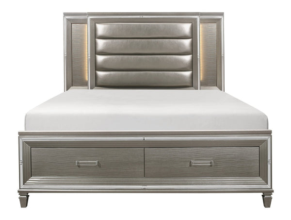 English Elm Modern Queen Platform Bed with Led Headboard Footboard Storage Metallic Glam Finish B011S00233