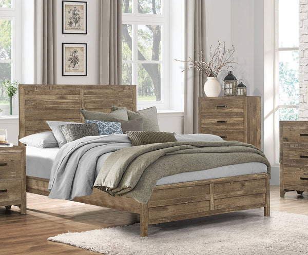English Elm Weathered Queen Bed with Weathered Pine Finish, Modern Rustic Mandan Design, Faux Wood Veneer 63" B011S00234