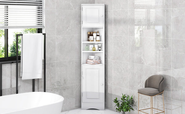 English Elm Multi-Functional Corner Cabinet Tall Trapezoid Bathroom Storage with Adjustable Shelves, Doors, Anti-Dump Device White WF530911AAK