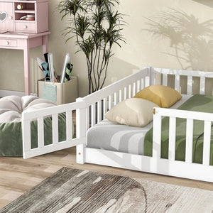 English Elm Twin Solid Rubberwood Floor Bed with Full Perimeter Safety Rails for Toddler Rooms White W504P296786
