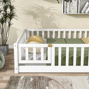 English Elm Twin Solid Rubberwood Floor Bed with Full Perimeter Safety Rails for Toddler Rooms White W504P296786