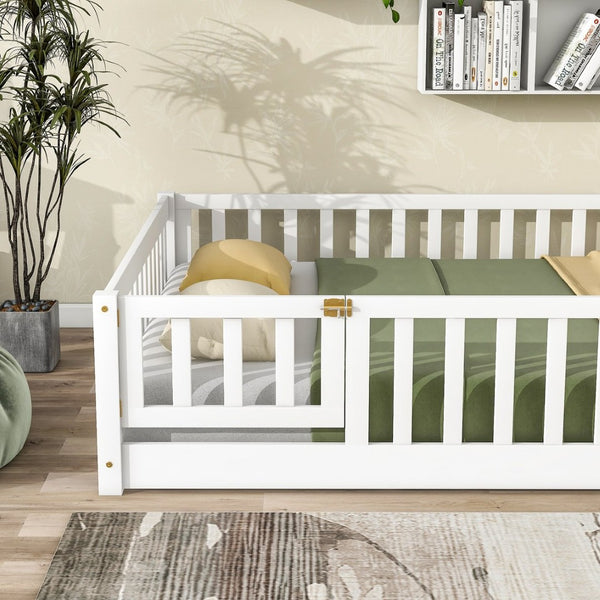 English Elm Twin Solid Rubberwood Floor Bed with Full Perimeter Safety Rails for Toddler Rooms White W504P296786