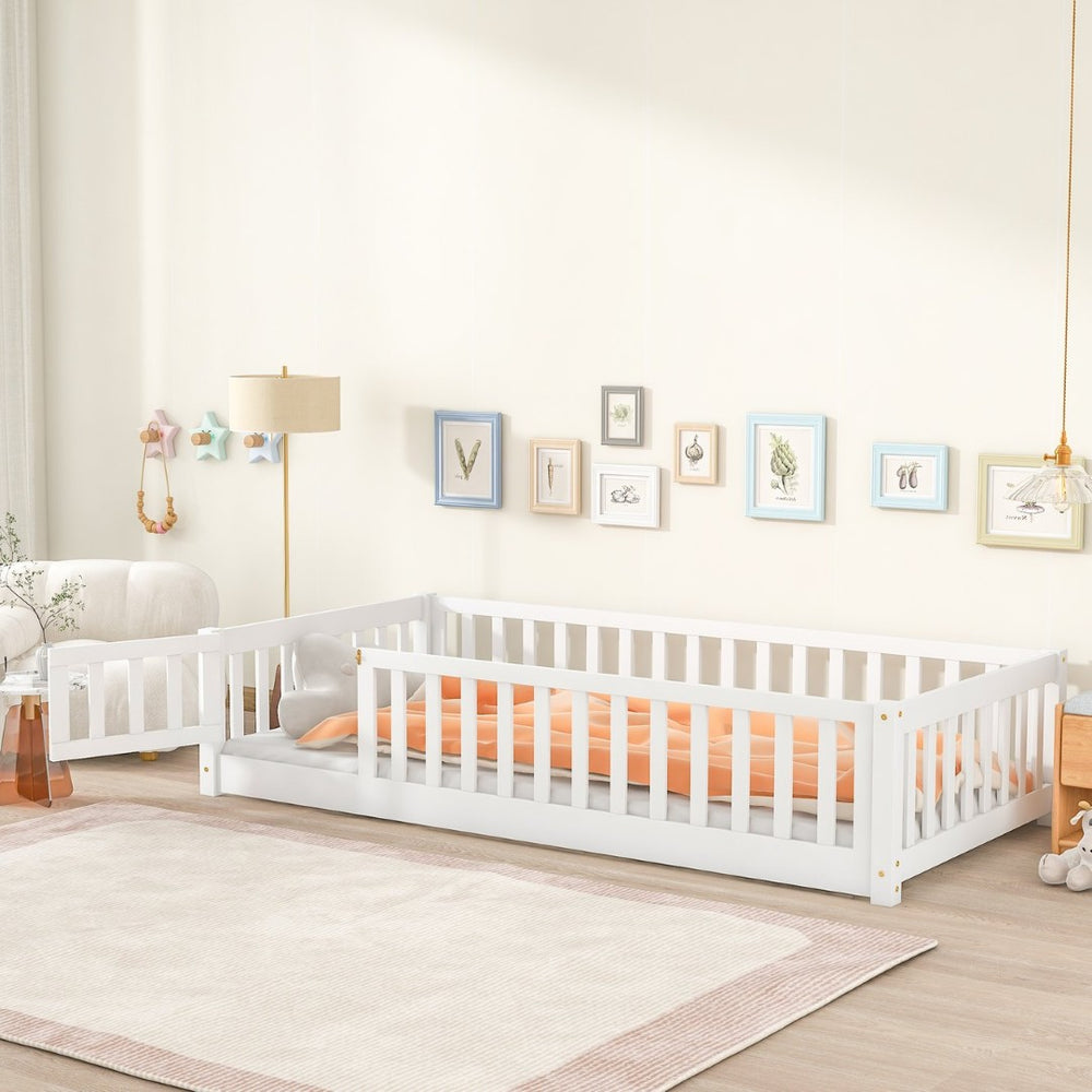 English Elm Twin Solid Rubberwood Floor Bed with Full Perimeter Safety Rails for Toddler Rooms White W504P296777