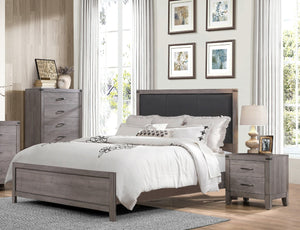 English Elm Brownish Gray Queen Bed Black Faux Leather Headboard Industrial Rivet Melamine Frame B011S00240