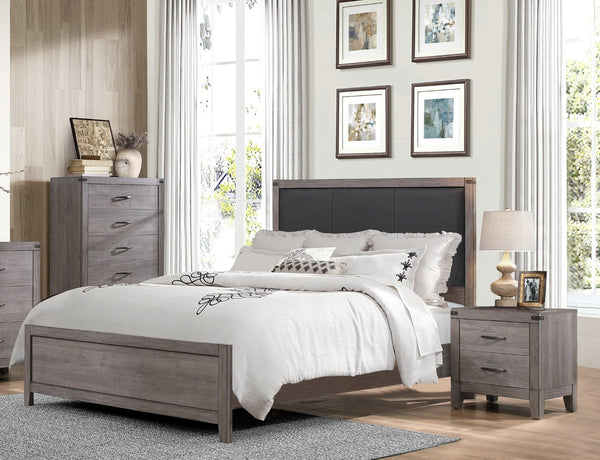 English Elm Brownish Gray Queen Bed Black Faux Leather Headboard Industrial Rivet Melamine Frame B011S00240