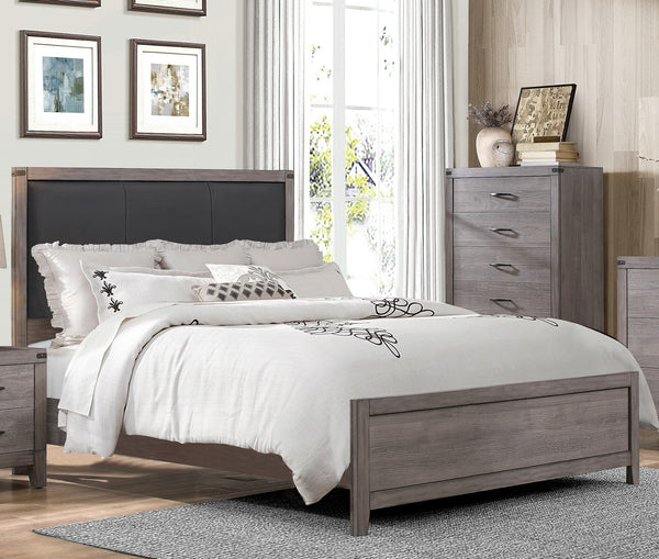 English Elm Brownish Twin Panel Bed with Faux Leather Headboard, Industrial Rivet Accents and Weathered Wood Look Brown+Gray 60 L x 33.75 W x 5.75 H B011S01349