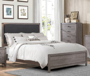 English Elm Brownish Gray Queen Bed Black Faux Leather Headboard Industrial Rivet Melamine Frame B011S00240